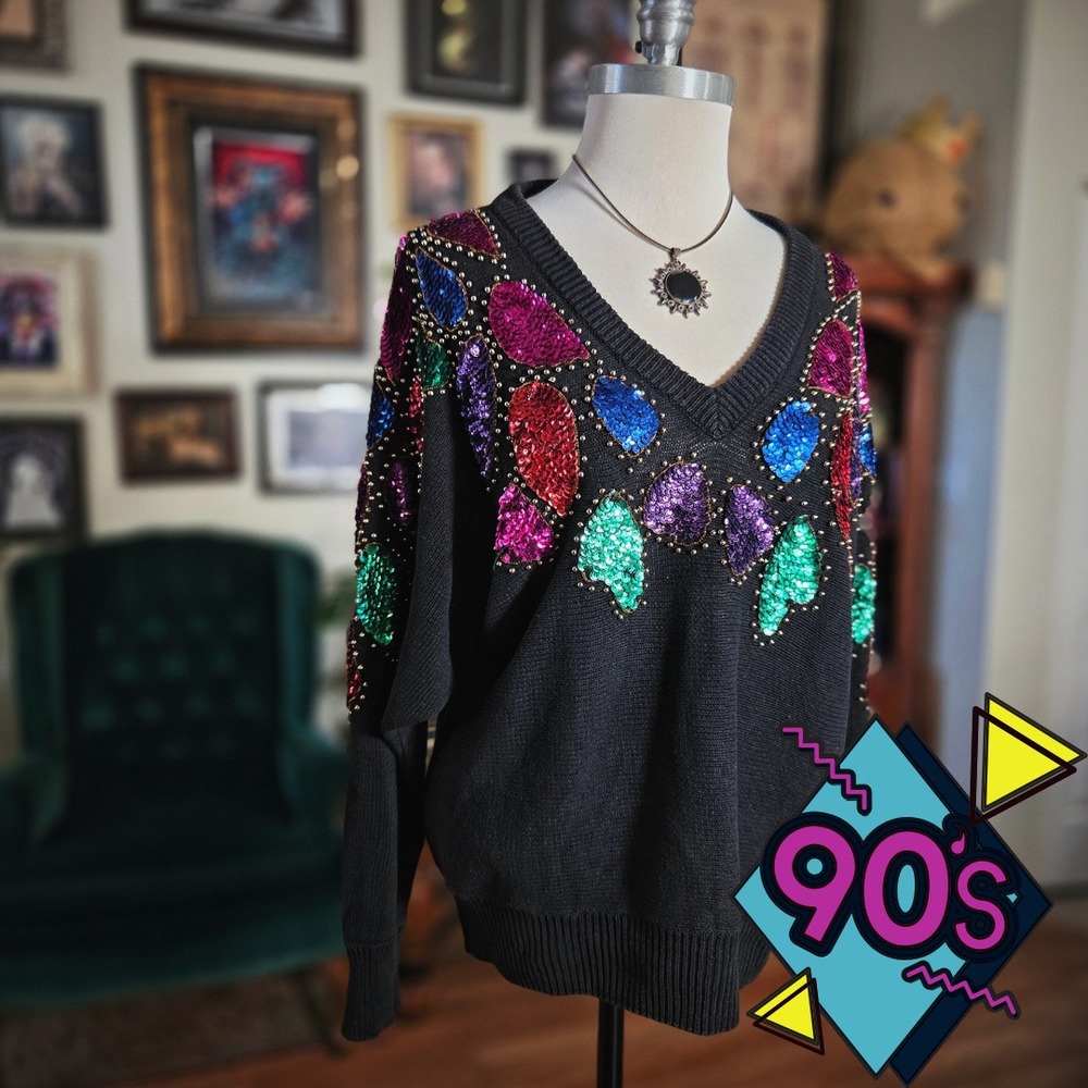 Vintage 90s Jessica Stevens Black Sequin Embellished V Neck Sweater Pullover